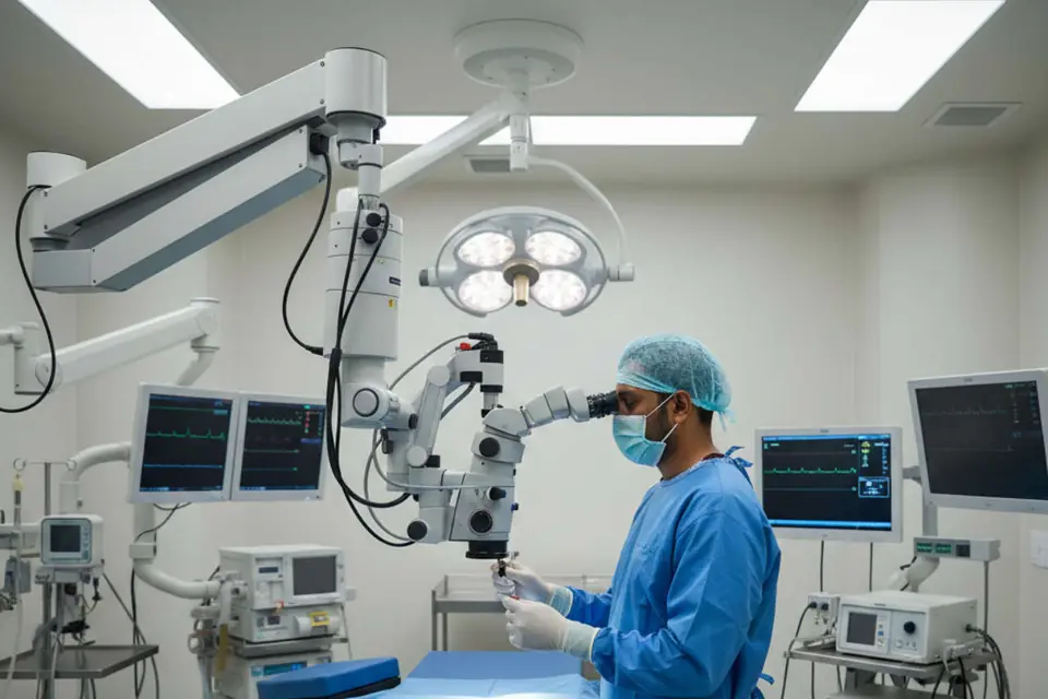 Operating theatre with a surgical microscope and surgical team